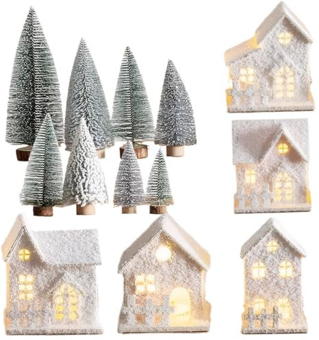 MOUNTTU Christmas Village Set - Light Up Flocked White Houses with 8 Mini Trees, Battery Powered Wooden Winter Village for Tabletop, Shelf, Mantel