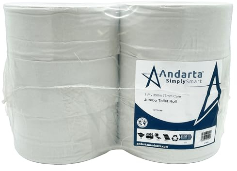 Andarta - 1Ply Jumbo Toilet Rolls with 76mm Core - 390m Per Roll - Pack of 6 High Capacity Toilet Roll - Made from Recycled Materials - Suitable for All Jumbo Dispensers - Bulk Toilet Roll
