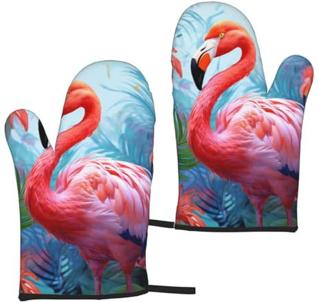 Ofenhandschuhe, hitzebeständig, Ofenhandschuh zum Kochen, bemalter Flamingo-Ofenhandschuh, rutschfeste Ofenhandschuhe für Küche, Grillen, Mikrowelle, Backen, BBQ