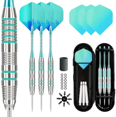 Lavishio Professional stålspetspilar metallspetsset med extra 3 pilflygningar, 3 utbytbara plastaxlar, gummi O-ringar, extra flygningar, dart vässare (silverblå)