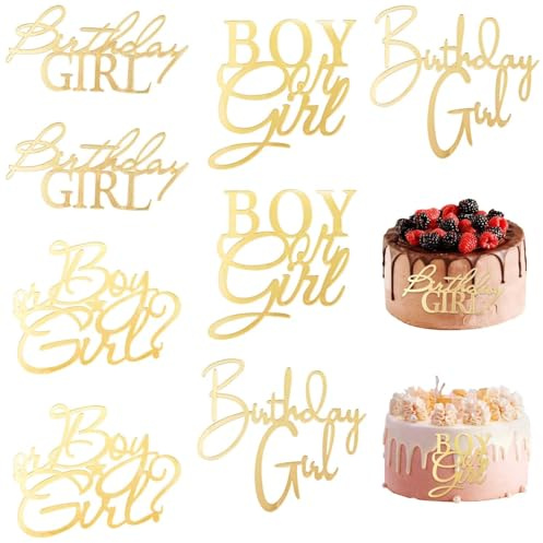 8 PACK Cake Topper, Gender Reveal Cake Decorations, for He or She, Gold Glitter, Party Photo Booth Props, Acrylic Gold Cake Toppers