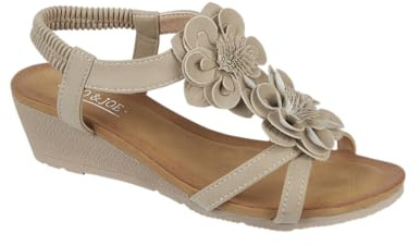 Jo & Joe Ladies Mid Heel Wedge Comfort Sandal with Glitzy Jewels and Elasticated Slingback Strap, Flexible sole sizes 4-8