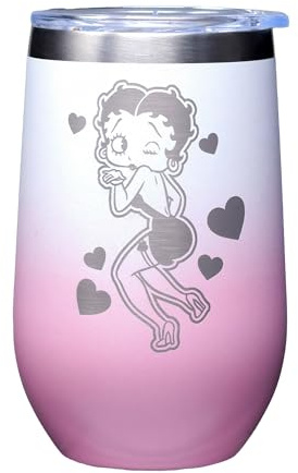 Spoontiques Betty Boop Etched Stainless Steel Tumble - Insulated Wine Tumbler with Lid – Double Wall Stainless Steel Stemless Wine Glass – 16oz - 5 5/8 Tall
