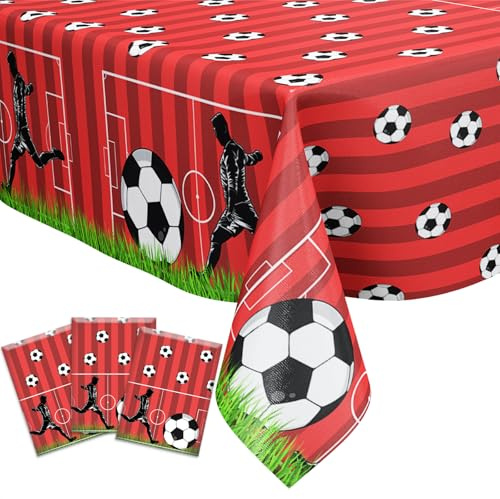 Funmemoir Paquete de 3 manteles de fútbol rojo, decoración de fiesta de fútbol, mantel rectangular desechable de fútbol de 51 x 108 pulgadas para eventos de fútbol, decoraciones de cumpleaños