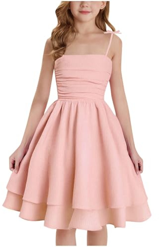 duxyoz Girl's Summer Dresses Spaghetti Strap Swing Pleated Cotton Dress Tween Kids Flowy Front Ruched Boho Beach Casual Midi Sundress for Princess Birthday Party Wedding Prom Gown Pink 9-10 Years