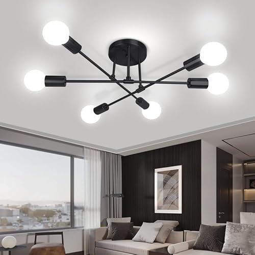 YICALE 6 Lights Sputnik Ceiling Light, Black Ceiling Lights Living Room Angle Adjustable,Semi Flush Mount Modern Chandeliers Ceiling Light Fitting for Kitchen,Bedroom,Dining Room,E27 Base(NO Bulbs)