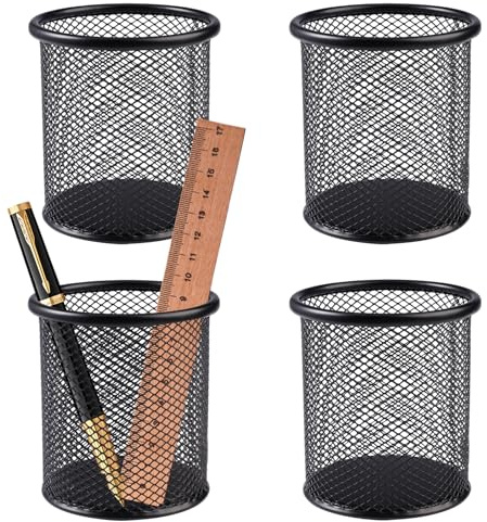 4 Stück Metall Stifteköcher, Stiftehalter Rund aus Drahtmetall, Runder Stifthalter aus Metalldraht, Mesh Multifunktions Becher für Büros, Klassenzimmer, für Kugelschreiber, 9 x 9 x 9.7cm (Schwarz)