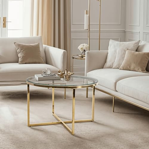 MEBEL ELITE Couchtisch Rund 70 cm x 46,5 cm – Modern Wohnzimmertisch mit gehärteter Glasplatte – Sofatisch Rund für Wohnzimmer und Büro – Runder Tisch leicht zu reinigen