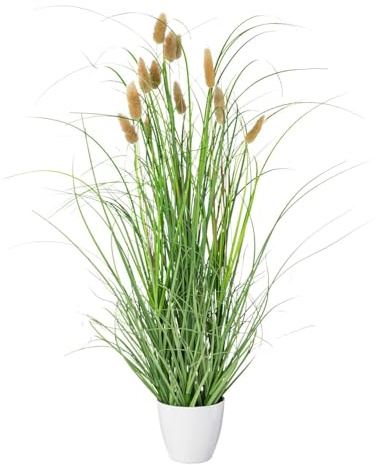 CREATIV green künstliches Gras im weißen Topf 60 cm mit echten getrockneten Wedeln I künstliches Ziegras im Topf I dekoratives Schilfgras für Innen I hochwertige & dekorative Kunstpflanze