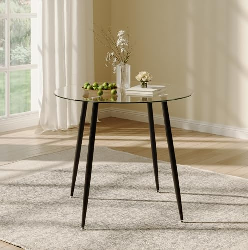 IMHKAM Esstisch, runder Küchenglastisch, moderner Glastisch für Wohnzimmer, Esszimmer, Büro (80 x 80 x 75 cm, Schwarz)