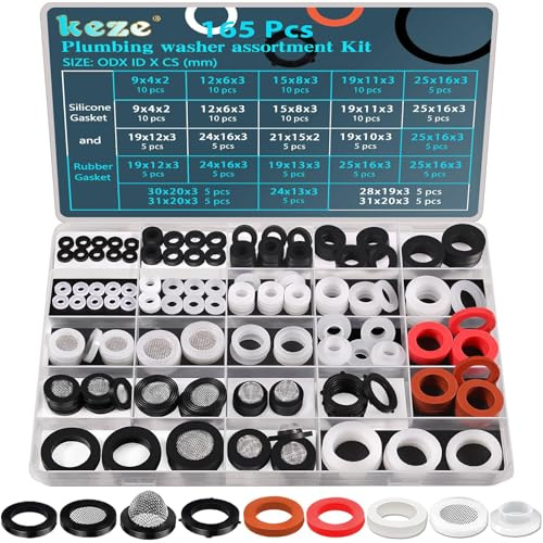 KEZE Kit assortiment de rondelles de plomberie 24 tailles 165 pièces Rondelles pour tuyaux d'arrosage Languettes autobloquantes en caoutchouc et joints d'étanchéité en silicone pour pommeaux