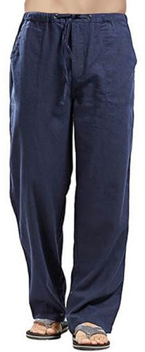 Relwxea Men's Linen Trousers Loose Fit Summer Beach Yoga Pants Elastic Drawstring Trouser Straight Legs Lightweight Trouser Navy Blue L