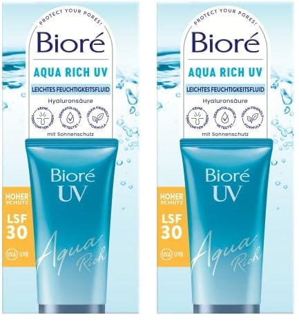 Biore Aqua Rich UV - Leichtes Feuchtigkeitsfluid für das Gesicht - Sonnenschutz - Lichtschutzfaktor LSF 30 - UVA/UVB - Funktioniert unter Make-Up - Nicht-fettend (Packung mit 2)