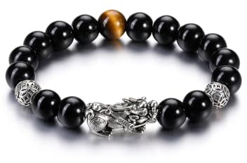 GEHECRST Bracelet Feng Shui chinois Pi Xiu avec pierre précieuse, bracelet porte-bonheur en obsidienne, bracelet de richesse sculpté à la main, amulette de protection, porte-bonheur et richesse