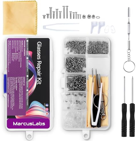 MarcusLabs Glasses Repair Kit, Spectacles Repair Tool Kit Set, with Mini Screwdriver Set, Screws Nut, Silicone Nose Pads, Glasses Cloth, Tweezer