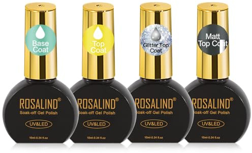 ROSALIND 4 delar, 10 ml halvpermanent emaljbas och topplack | Glitter matt topplakat baslack halvpermanent soak-off UV LED nagelkonst hantverk set