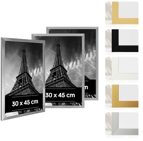 Estancia 3er-Pack Silberfarbene Bilderrahmen aus Kunststoff, 30 x 45 cm – Rahmen mit Bruchsicherem Acrylglas – Moderner Fotorahmen für Wände und Tische
