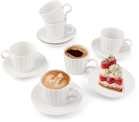 Loxiia Vertical Grain Espresso Coffee Cups and Saucers Set of 6, Cups Ceramic for Coffee, Espresso, Double Shot, Latte and Macchiato, Demitasse Cups Set Aesthetic Gift, White (100ml)