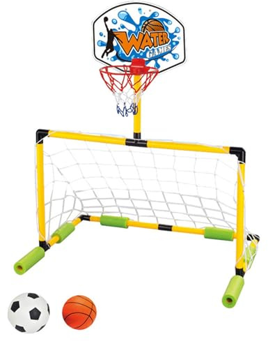 AZIDWERYQ Schwimmender Basketballkorb für den Pool, 2-in-1-Fußballtor & Pool-Basketballkorb, abnehmbares Tor mit 2 Bällen für Kinder und Erwachsene