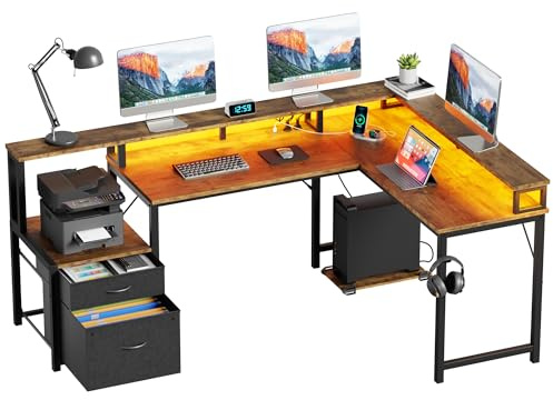YOUDENOVA Hörnskrivbord med lådor skrivbord L form 168 x 100 cm spelbord med LED-datorbord med uttag och USB-laddningsport kontorsbord brunt