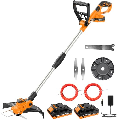 JYGMPRO Decespugliatore a Batteria 21V, Tagliabordi a Batteria Brushless con 2 Batterie 2,0Ah, 2 Bobina(5m), 2 Lame, Impugnatura Regolabile, Tubo Telescopico, Testa Girevole 90°per Giardino Potatura