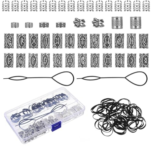 48 Pcs Perlas de Barba, Dreadlocks de Trenza de Pelo, Cuentas para Barba Vikingo para Pelo Trenzas, decoración de joyas, con 50 elásticos negros para barbas hombres, 2 ayudas para enhebrar y 1 caja