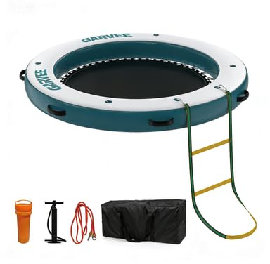 Crevyteg Plateforme flottante gonflable ronde avec hamac central en maille – Île pour sports nautiques, idéale bronzage, détente ou fête – Pour lac, plage, piscine – Supporte 4-7 adultes – Taille : 2,