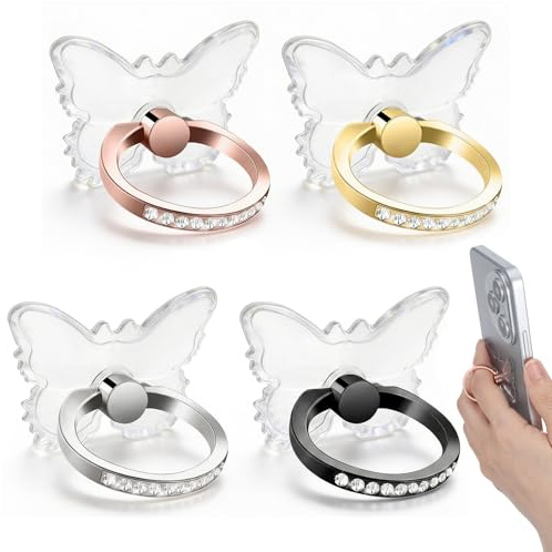 RAHHLIZS 4 PCS Transparent Cell Phone Ring Holders, Butterfly Phone Ring Holder Grip 360 Roatation Adjustable Cellphone Case Rings Holders with Kickstand Compatible Most of Phones, Tablets and Case