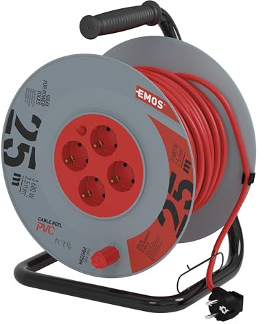 EMOS - Kabeltrommel 25m mit verstärktem Verlängerungskabel - 4 Schuko-Steckdosen - 230 V, 16 A, 3680 W - PVC-Isolierung - H05VV-F3G 2,5 mm2 - Überhitzungsschutz - IP20 für Innen