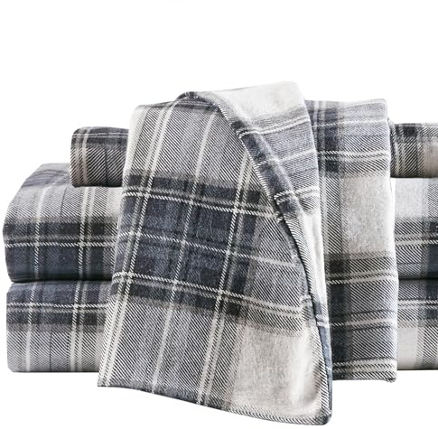 Comfort Spaces Baumwoll-Flanell-Bettlaken mit Kissenbezug, atmungsaktiv, warm, tief, für King-Size-Betten, Blau kariert, schottisches Karomuster, 4-teilig