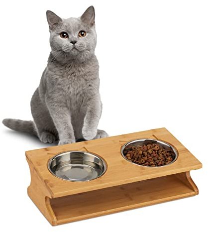 Relaxdays Napfstation, Katzen & kleine Hunde, 2 Näpfe je 300 ml, erhöht, Bambus & Edelstahl, 12x39x19,5 cm, natur/silber