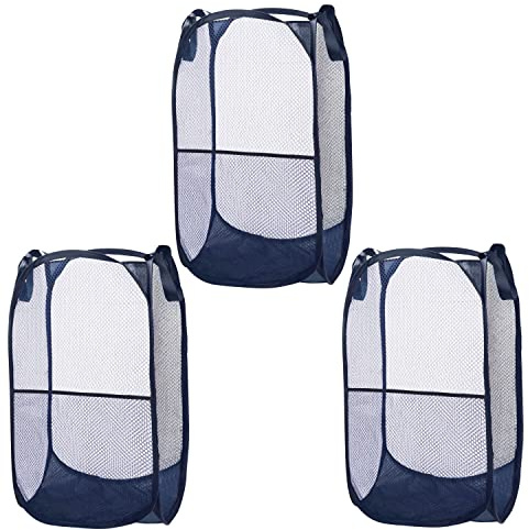 Belle Vous Lot de 3 Panier à Linge Pliable en Maille Bleue - Bac à Linge Sale Pliable, Résistant et Facile à Ouvrir avec des Poignées pour Vêtements, Lessive et Jouets d’Enfants