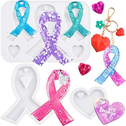 Awareness Ribbon Keychain Epoxy Resin Silicone Moulds with Heart, Jewellery Casting, Fondant Cake Decor, Chocolate, Biscuit, Polymer Clay 3-Bundle 7-Cavity 0.7-2.9inch