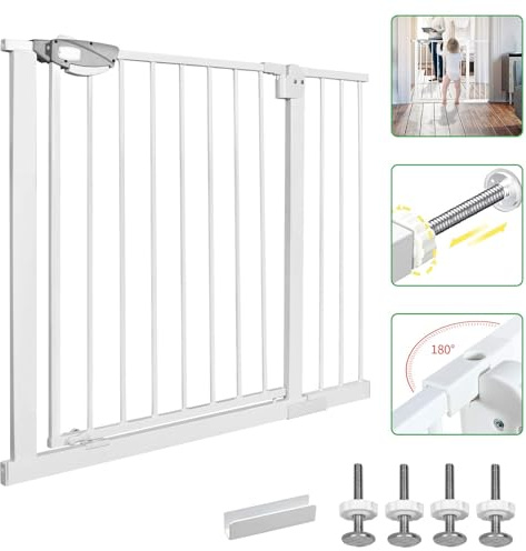LZQ Trappskyddsgaller, dubbellås, extra säkert metalldörrskyddsgaller för fastspänning, vitt, 105–115 cm, dörrgaller, klämgaller | 90° stopp | stängs automatiskt