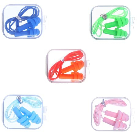 5 Paar Silikon-Ohrstöpsel mit Schnur, wiederverwendbar, wasserdicht für Schwimmen und Schlafen, geräuschreduzierte Ohrstöpsel für Arbeit und Studium