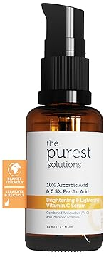 The Purest Solutions Brightening & Lightening Vitamin C Serum (10% Ascorbic Acid & 0,5% Ferulic Acid) - Revitalize & Renew Dull Skin - Anti-Aging Care & Anti-Stress Care - Vegan | Cruelty Free (30 ml)