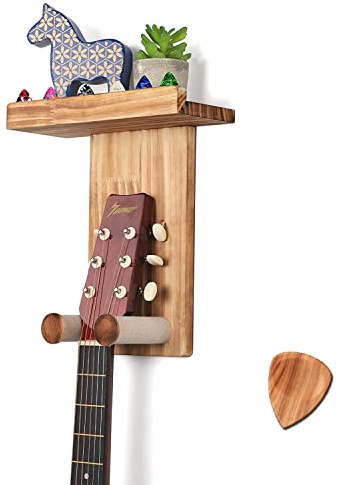 MissFox Gitarren Wandhalterung, Kratzfest Gitarrenhalter für Die Wand, Gitarrenständer Holz mit Pickhalter und Gitarrenplektren, Rutschfest Gitarrenwandhalter für Bass E-Gitarren Ukulele Mandoline
