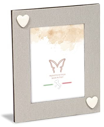 Cornice Portafoto da Tavolo 13x18, Tessuto Lino Ecru con apllicazioni Cuori in Tessuto