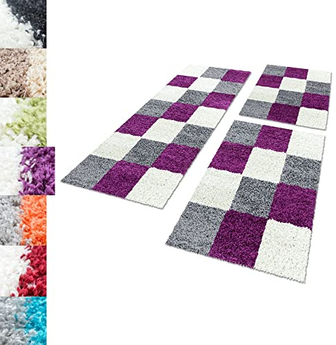 Carpettex Bettumrandung Schlafzimmer 3teilig Shaggy Teppich Hochflor Karo Muster Lila Bettset:2 mal 80x150 + 1 mal 80x250 - Bettvorleger Schlafzimmer Läuferset Flauschig Langflor Bettumrandung Teppich