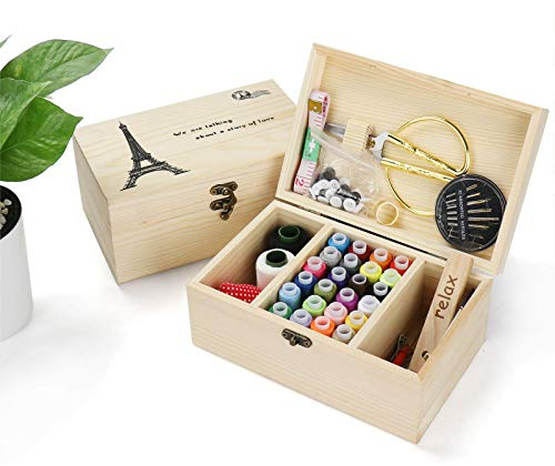Joyeee Scatola da Cucito in Legno - Premium Cestino da Cucito Vintage con Accessori da Cucito Completi, Portatile Valigetta Sarta per Principianti, Casa e Emergenza Uso#1