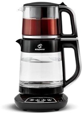 Karaca Caysever Turkish Tea Maker Machine - 1.5 L Temperature Control Smart Kettle & 0.8 L Glass Tea Pot with Infuser - Smart Stall Warning & Voice Notification - 1700 W Multi-Functional Tea Machine