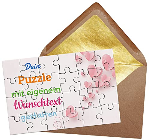 Puzzle selbst gestalten mit Text - 24 Teile Puzzle Personalisieren mit Wunschtext, inkl. Briefumschlag mit Gold-Inlay | Hintergrund Liebe rosa Herzen