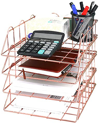 Schreibtisch Organizer Dokumentenablage Metall Stabile Design Büro Schreibtisch Ablage Desk Organizer 4-Fach Stapelbare Briefschublade (Color : Rose Gold)