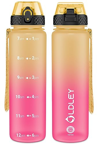 OLDLEY 1L/32oz Sports Water Bottle with Straw, 1000ml Motivational Drinks Bottle with Time Markings Leak Proof Drink & Lock Cover, BPA Free for Gym School Cycling Running Hiking