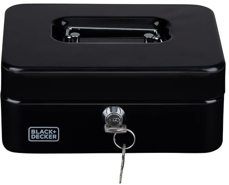 BLACK+DECKER Spardose mit Schlüssel - Herausnehmbare Schublade mit 3 Fächern - Inkl. 2 Schlüsseln - 20 x 16 x 8,5 CM - Metall - Schwarz