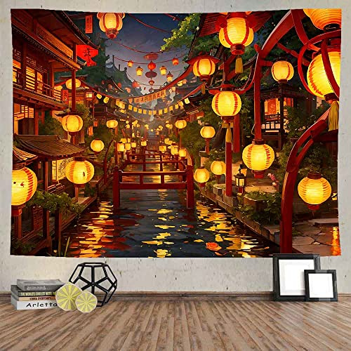 Ine Ive Japanischer Wandteppich, Wandbehang, 203 x 152 cm, japanische Straßen gefüllt mit Laternen, Wandteppich, asiatisch, orientalisch, Anime, Landschaft, Poster für Schlafzimmer, Wohnzimmer