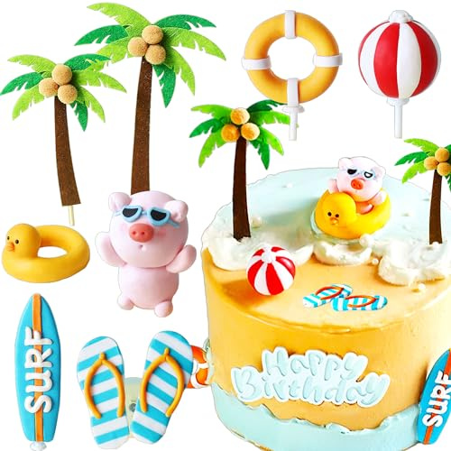 LaVenty Décoration de gâteau d'anniversaire de surf Décoration d'anniversaire de surf Plage Surf Vague Cake Topper Surfboard Swimming Slippers