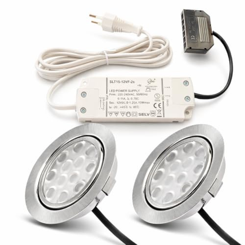 Lichtfaktor24 2 x 3W LED Möbeleinbauleuchten 12V super flach 65mm Einbaustrahler Leonie mit LED Trafo und 230V Zuleitung 3000K Warmweiß Lochausschnitt: 55 bis 60mm