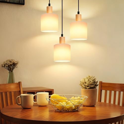 Glitzerlife Hängelempa Matsall Pendellampa 3 Ljuskällor - Hänglampa Vintage Vit Stoffskärm Trä E14 Rund Pendellampa Matsallampa För Matsal Restaurang Köks Arbetsrum