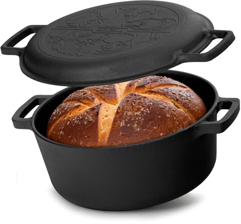 Ø28cm Brotbacken Gusseisen Topf 6L Gusseisentopf mit Deckel-Bratpfanne Kochtopf aus Gusseisen Brotbackform geeignet für Gasgrill, Backofen, Feuerstelle und alle Herdarten inkl. Induktion